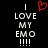 Black background with white pixelated text reading "I LOVE MY EMO !!!!" and a red pixelated heart symbol above the text.