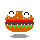 Pixelated burger with eyes and green lettuce, showing two states: full body and split top/bottom with pink tongue visible.