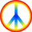 A colorful peace symbol with a rainbow gradient border, a black and white checkered heart, and a green ornate emblem on black background.