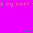 Pixelated text and star symbols repeat across a bright pink background with green and purple accents.