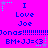 A static digital image with bright pink background and blue text repeating 'I Love Joe' three times, followed by 'Jonas!!!!!!!!!!', 'BM+JJ=<3', and star-like pixel decorations.