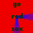 Red background with green text 'go', 'red', and 'sox' arranged in a pattern, featuring blue pixelated motion effects between the words
