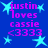 Blue background with cyan star shapes and pink text reading "justin loves cassie <3333" in four identical quadrants.
