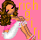 Pixelated image of a woman with long brown hair wearing pink and white clothing against a bright pink background, with yellow text reading 'rich g.' on the right.