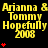 Yellow text reading "Arianna & Arianna & Arianna & Tommy Hopefully 2008" on black background with red heart symbols, animated to change heart count per
