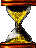 Two pixelated hourglass icons with orange-brown frames and yellow sand, one full and one partially filled, on gray background.