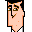 Pixelated cartoon character face with peach skin, black hair outline, and brown eyes on gray background.
