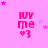 Pink background with repeated 'luv me <3' text and scattered purple stars in a