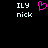 Pixelated text 'ILY nick' appears on both sides of a pink heart symbol against black background.