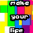 Pixelated text fragments in white with black outlines arranged over a multicolored block background, displaying partial phrases.