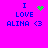 A bright pink background displays four identical text blocks with blue pixelated text reading "I LOVE ALINA <3" and green pixelated symbols above the text.
