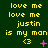 Yellow pixelated text on dark green background reads 'love me love me justin is my man' with a pink heart and plus symbol below, changing to star then X in later frames.