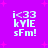 Purple background with pink starbursts and four identical pixelated text blocks reading 'i<33 kYLE sFm!' in white.