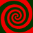 Four red and dark green spiral patterns arranged in a on a red background, each spiral rotating clockwise with alternating color bands