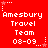 Red background with white pixelated text reading 'Amesbury Travel Team 08-09' repeated in six positions, each surrounded by small star and dot patterns
