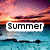 Pixelated sunset beach scene with turquoise water, dark silhouettes of boats, and a gradient sky transitioning from pink to purple hues.