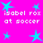 Bright pink background with cyan star shapes and repeated white text reading 'isabel rox at soccer' in pixelated font.