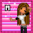 Pixel art of a girl with long brown hair, white crop top, black pants, and checkered belt against pink-purple striped background with star sparkles.