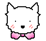 Pixelated white dog head with pink bow tie, showing two expressions: neutral face with closed mouth and blushing cheeks, and smiling face with open mouth and closed eyes.