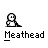 Animated contact sheet of 20 pixel art frames showing a cartoon character named Meathead in various poses and actions, including static stances, speech bubbles, and object interactions on a gray background.