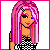 Pixel art contact sheet showing a fashion doll character with pink hair in multiple poses and angles, including full-body, torso close-up, legs, headshot, and text panel.