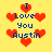 Yellow background with red heart shapes and blue text reading "I Love You Austin" in pixelated style.
