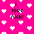 Pixelated pink background with white heart shapes and repeated black text reading "i love nick!" in multiple positions.
