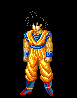 Pixelated character in orange and blue martial arts uniform with dynamic energy aura transitions between poses.