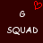 Dark red background with two identical white pixelated 'SQUAD' text blocks, each above a white 'G', and a single red heart symbol centered at the top.
