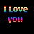 Six distinct rainbow-colored 'I Love You' text arrangements on black background with one gray rectangle, each letter rendered in gradient of red-orange-yellow-green-cyan-blue-purple.