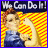A pixelated image of a woman with red hair in a blue dress, flexing her bicep against a yellow and red striped background with "We Can Do It!" text at the top.