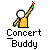 A 6-frame animated contact sheet of a yellow stick figure icon with white head, holding a sparkler-like object that emits red and green particles, displayed above "Concert Buddy" text on gray background.