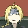 Four- shows an anime character with blonde hair and a blue striped blindfold, changing facial expressions against a red background