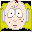 Pixelated cartoon face with light skin, large white eyes, and gray eyebrows; yellow hair on sides, black background, red or pink mark above head.