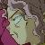 Pixelated static image of a pale figure with closed eyes, light-colored hair, and a flowing garment against a dark, muted background with pink and brown tones.