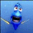Pixelated blue fish character with wide eyes and open mouth, surrounded by cyan text repeating 'just keep swimming' on black background.