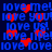 Blue pixelated text repeats 'love me! love you! love us! love life!' across a dark blue background with red heart symbols scattered throughout.