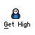 Pixelated character in blue shirt with white face and black eyes, performing various gestures above text reading "Get High" on gray background.