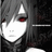 Pixelated anime-style character with gray hair, red eyes, and a white face, partially obscured by dark background elements.