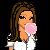 Pixel art contact sheet showing multiple frames of a cartoon woman blowing bubblegum with pink pants and white shirt, plus purple text "luv my baby" on bottom bar.