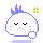 Pixelated character with closed eyes and downturned mouth, blue spiky hair, white body, light purple accents, holding a small sphere.