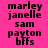 Pixelated text on a bright pink background with alternating light purple rectangular overlays, showing names and terms in black blocky font.