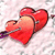 Red heart-shaped icon with a bow on top, pierced by a purple arrow, set against a light pink pixelated background.