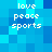 Pixelated blue background with white text reading 'love peace sports' in four identical quadrants