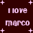 Dark red background with pink pixelated text reading "I love marco" and white plus signs scattered throughout.