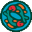 Pixelated circular icon with blue and teal background featuring stylized fish-like shapes in red, orange, and green tones.