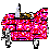 Pixelated red and pink vehicle with white wheels, black accents, and a small white smoke-like element on top.