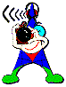 Animated cartoon character with blue body, red chest, green feet, and large eyes holding a camera that changes from black lens to cyan lens.