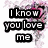 Pixelated text reads "I know you love me" in black blocks with white letters over a pink and purple floral background, with three pink hearts below.