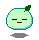 Pixelated light green circular character with teal outline, green leaf on top, black horizontal eyes, red mouth, gray shadow below.